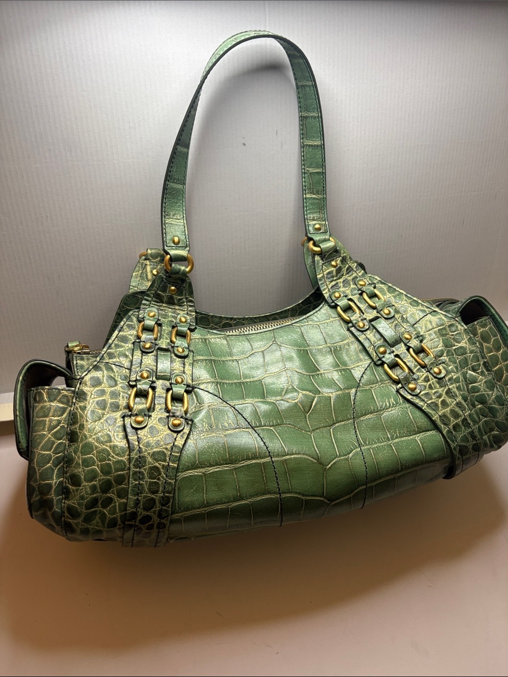 COLE HAAN VILLAGE GREEN CROCODILE PRINT LEATHER SHOULDER BAG y2K